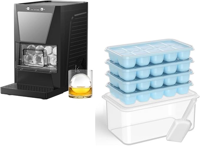 IC9CM Ice Cube Trays with Bin 4 Pack + IM1 2.2-Inch Clear Ice Ball Machine