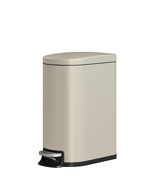 2.6 Gallon Bathroom Trash Can with Lid, Slim Step Pedal Garbage Bin, Stainless Steel Wastebasket with Soft-Close Lid, Removable Inner Bucket & Rear Handle for Bathroom, Office & Small Spaces-Beige