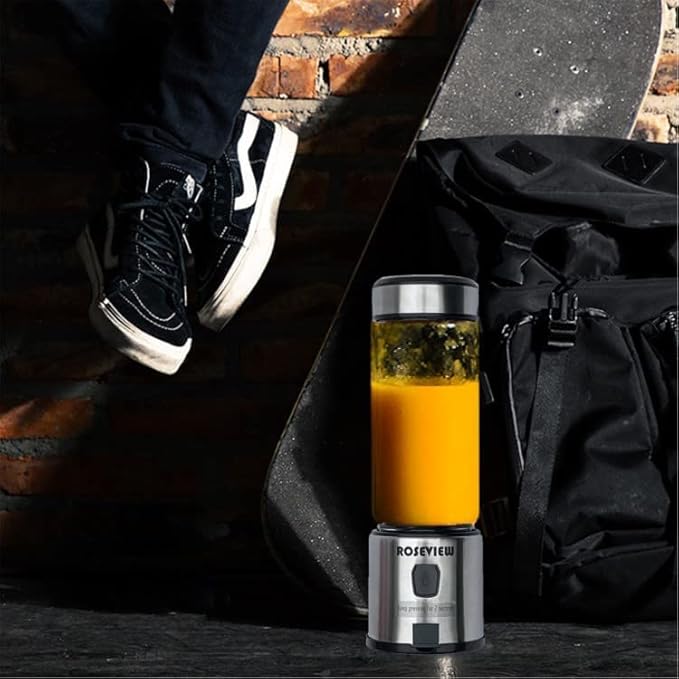 Portable Smoothie blender Glass bottle Mini USB rechargeable 2 battery Handheld Shakes blend Cup USB juicer Cordless Personal smoothies maker mixer (Black Steel)