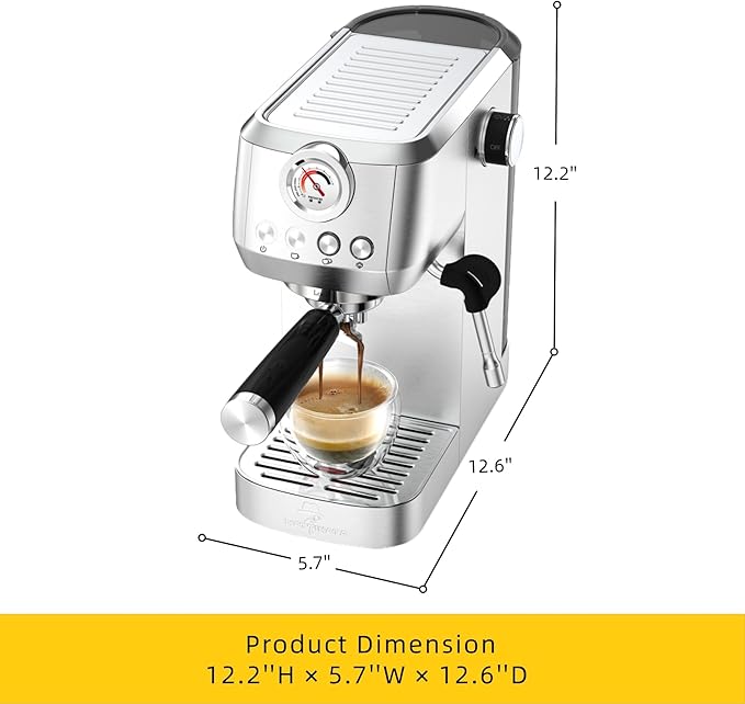 MAttinata CM1663 Espresso Machine, 20 Bar Compact Coffee Maker with Milk Frother Steam Wand for Cappuccino, Latte, Professional Pressure Gauge & 49oz Removable Water Tank for Home,Stainless Steel