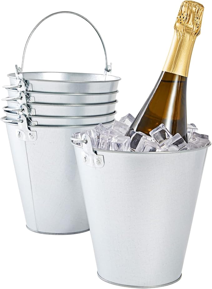 Juvale Metal Bucket - 6-Pack, 100 oz, 7 in Dia x 7.2 in H, Silver - Galvanized Buckets with Handles for Ice Tub & Beverage Tub