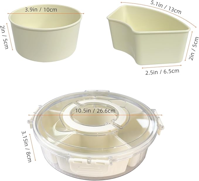 Small Divided Serving Tray with Lid and Handle, Stackable Snackle Box Container for Fruits Candy Organizer, Portable Spinning Rounded Veggie Tray for Kitchen, Party, Trave and Picnic-1 Pack
