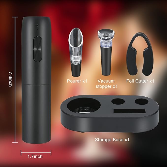 VIDYSUFYR Electric Wine Bottle Opener Set with Charging Base- Black, Automatic Wine Bottle Opener with Led Light, Rechargeable Corkscrew Kit with Aerator,Foil Cutter,Stoppers