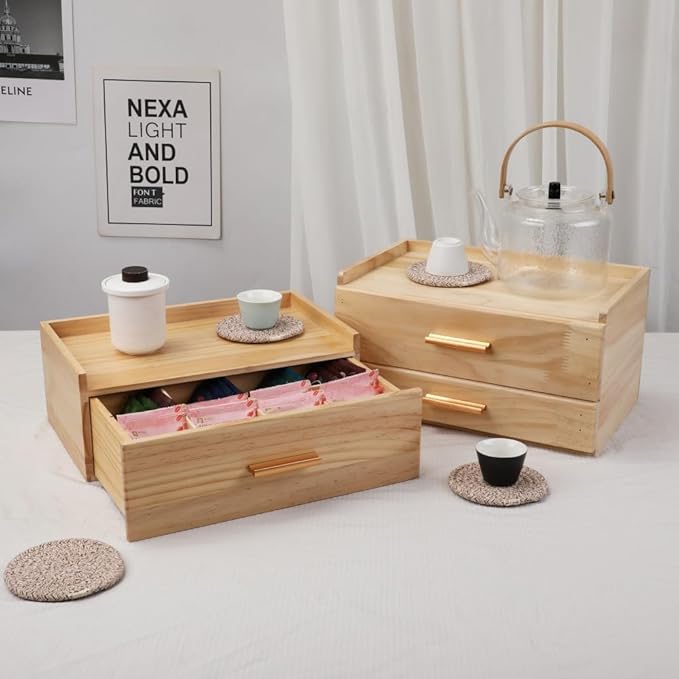 Tea Organizers and Storage Box with Drawer Tea Station organizer for Countertop with 8 Compartments Pine Wood Tea Bag Organizer with Drawer Teabag Holder with 4 Cotton Woven Coasters(Wood02)
