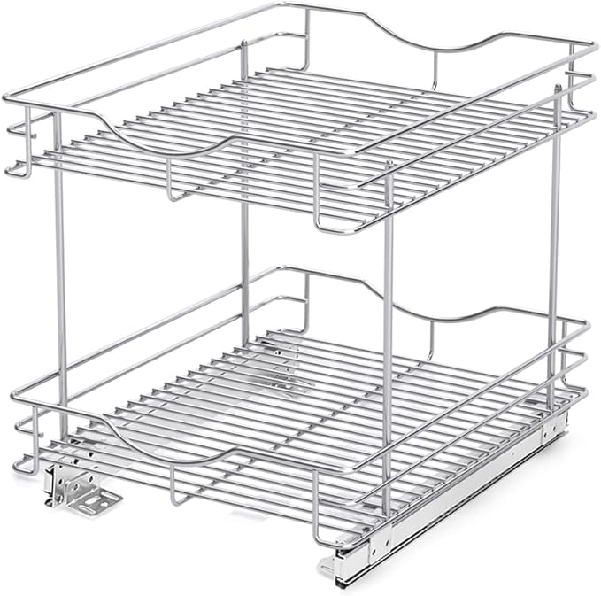 FULGENTE Chrome Finish Pull Out Drawer Cabinet Organizer 2 Tier (14" W X 18" D) Sliding Drawers For Kitchen Cabinets Cookware Organizer Drawer For Cabinet Slide Out Shelves