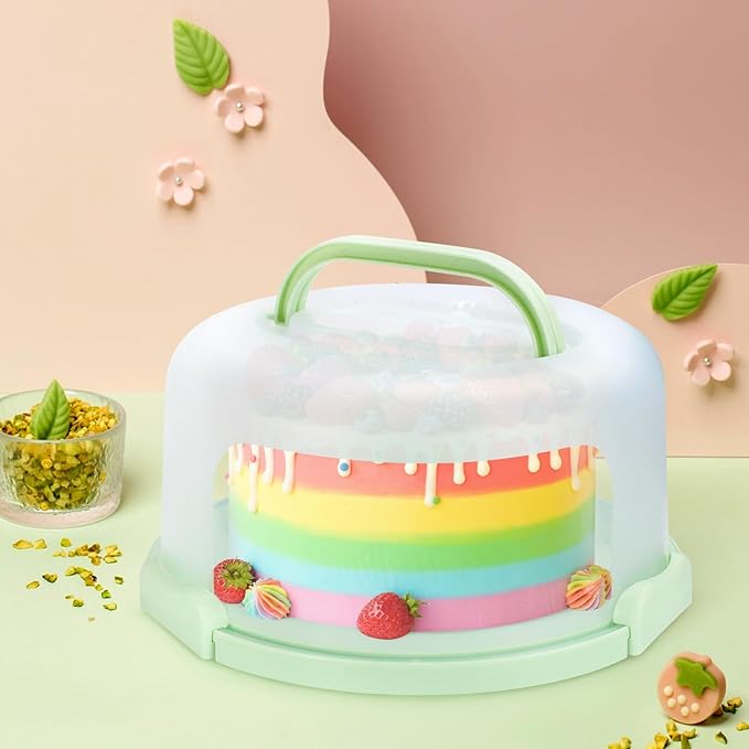 Cake Carrier with Lid and Handle, Fit 10’’ Cake Stand with Lid, Cake Transport Storage Container, Cake Containers Cover Stand with Lids, 3 Secure Side Closures (Green)