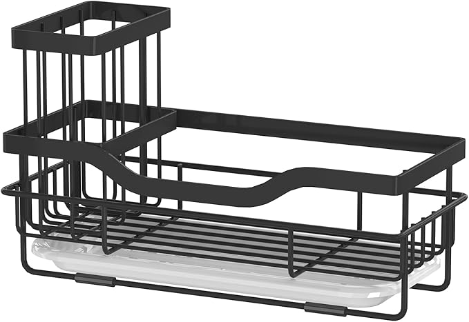 Sponge Holder for Kitchen Caddy Sink Organizer, Multifunctional Rustproof Dish Soap Sponge Caddy for Sink Counter with Detachable Brush Holder & Drain Tray - Storage Kitchen & Home Accessories