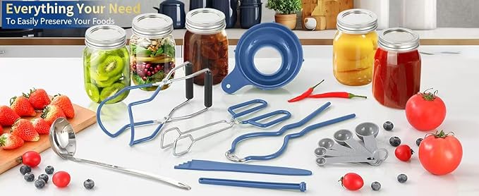 Canning Supplies Starter Kit,Canning Kit for Beginners of 9 with Jar Lifter,Wide Mouth Funnel,Wrench,Tongs,Lid Lifter,Bubble Popper,Canning Labels,ladle,Measuring Spoon-Blue