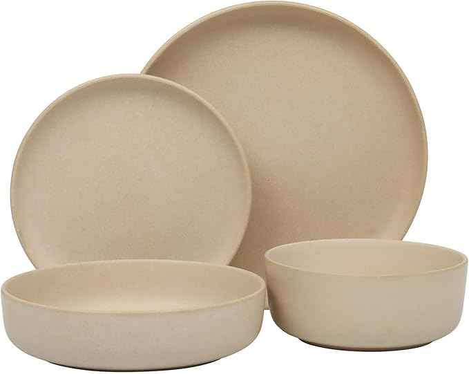 Gibson Elite Pasco 16 Piece (Service for 4) Plates and Bowls Double Bowl Reactive Glaze Dishes Stoneware Ceramic Dinnerware Set - Cream
