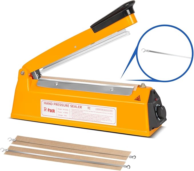 Impulse Heat Sealer with Hot Cutting Wire, Heavy-Duty Bag Sealing & Cutting Machine, 2 Extra Replacements(Orange, 8inch)