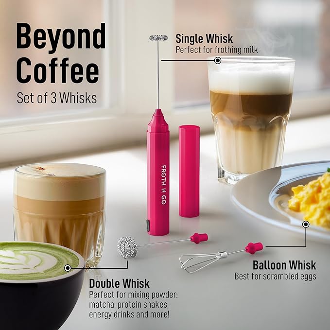 Zulay Froth N Go Milk Frother – Rechargeable 3-in-1 Handheld Frother Wand with Travel Case & USB-C Charger – Single, Double & Egg Whisk for Latte, Cappuccino, Matcha, Protein Shakes – Dragonfruit