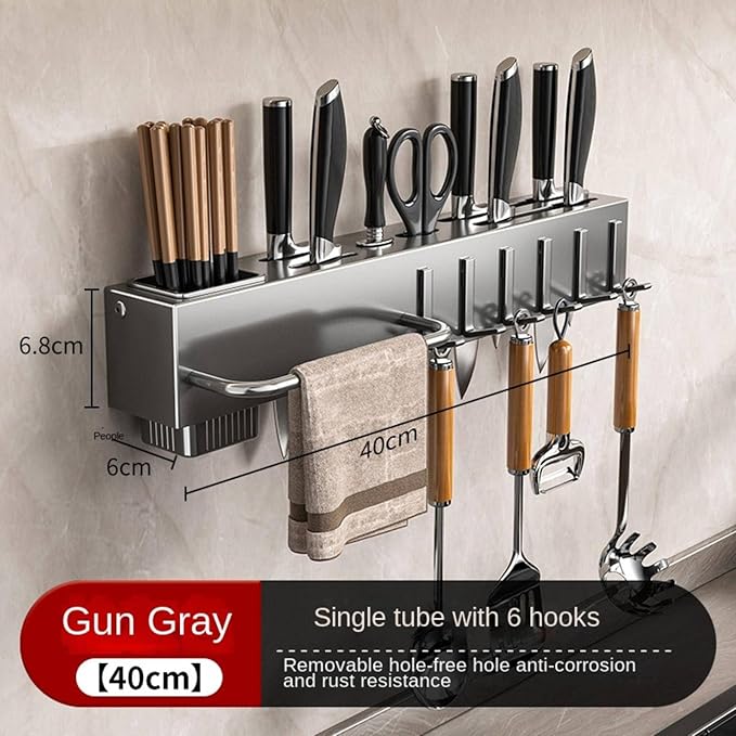New Multi-Functional Kitchen Rack Home Wall-Mounted Knives Chopstick and Spoon Storage Rack Punch-Free cookware draining Rack, 50, Black
