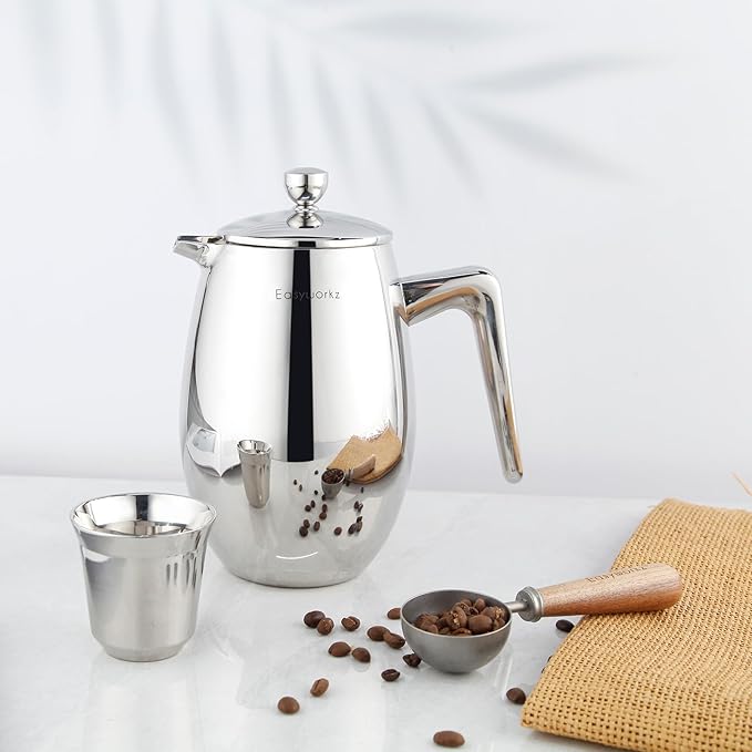 Easyworkz Stainless Steel Long Hollow Handle Coffee Scoop,7g Measuring Spoon, Brushed Silver, Bundled with Easyworkz Nando French Press 34 oz Double Wall Insulated Thermal Coffee Maker