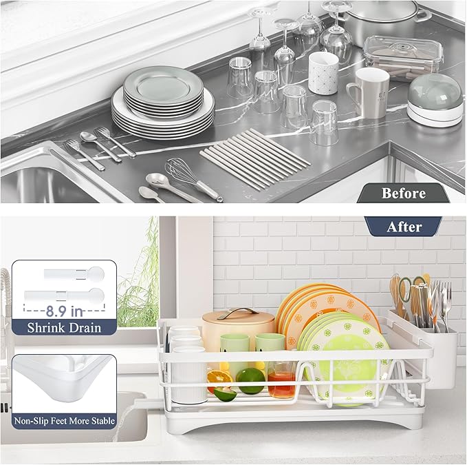 SAYZH Dish Drying Rack - Stainless Steel Dish Rack for Kitchen Counter, Large-Capacity Dish Drainer with Cutlery Holder, Kitchen Organizer for Dishes, Spoons and Forks, White