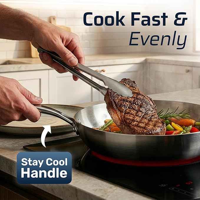 Gotham Steel 10 Pcs Tri Ply Stainless Steel Cookware Set, Pots and Pans Set with Induction Bottom, Made Without PTFE PFOA PFOS, Metal Utensil Safe, Oven and Dishwasher Safe