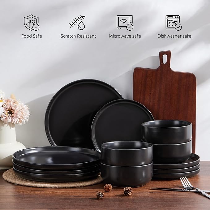 E-far Stoneware Dinnerware Sets for 2, 6-Piece Plates and Bowls Set, Modern Ceramic Dishes Dinning Ware, Microwave & Dishwasher Safe - Matte Black