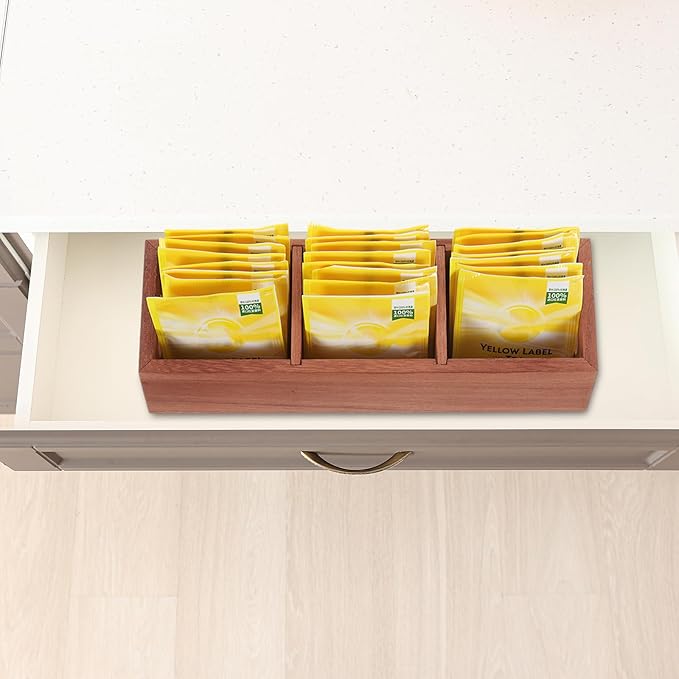 uxcell Tea Bag Organizer, 3 Compartments Pine Wood Tea Box with Handle, Tea Storage Organizer Holder for Tea Bags, Beverage Supplies Sugar Packet, Wood Color