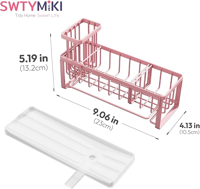 SWTYMIKI Sponge Holder for Kitchen Sink - Sink Caddy with Brush Holder Self-draining Sponge Caddy Organizer with Divider Stainless Steel Kitchen Accessories Storage for Countertop, Pink