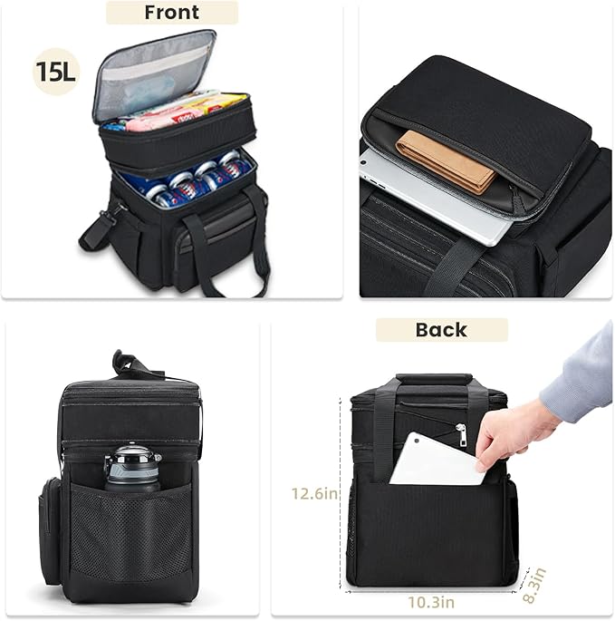 holuxer Insulated Lunch Bag & Lunch Box for Men - Double Deck Reusable Lunch Bag for Women Tote Cooler Bag Leakproof Soft Expandable - Large Lunchbox for Work/Adult/Picnic/Outdoor (Black,15L)