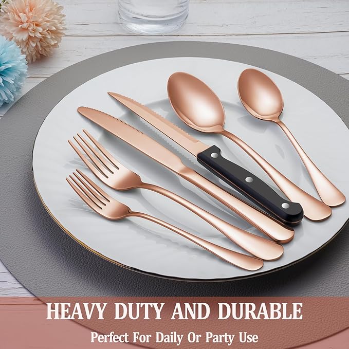 24 Pcs Rose Gold Silverware Set with Steak Knives Service for 4,Stainless Steel Flatware Set,Mirror Polished Cutlery Utensil Set, Kitchen Eating Tableware,Include Fork Knife Spoon Set,Dishwasher Safe