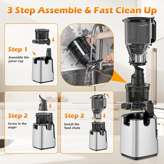 Juicer Machines with 5.8" Extra Large Feed Chute, Cold Press Juicer Fit Whole Vegetables and Fruits, 400W Professional Masticating Juicer Easy to Clean for Batch Juicing (Silver)