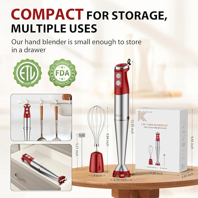 KOIOS Immersion Blender, 1000W Anti-scratch 3-in-1 Hand Blender, Upgraded 12 Speed Stainless Steel Blade Stick Blender with Turbo Mode, Whisk and Milk Frother, Non-BPA, Red