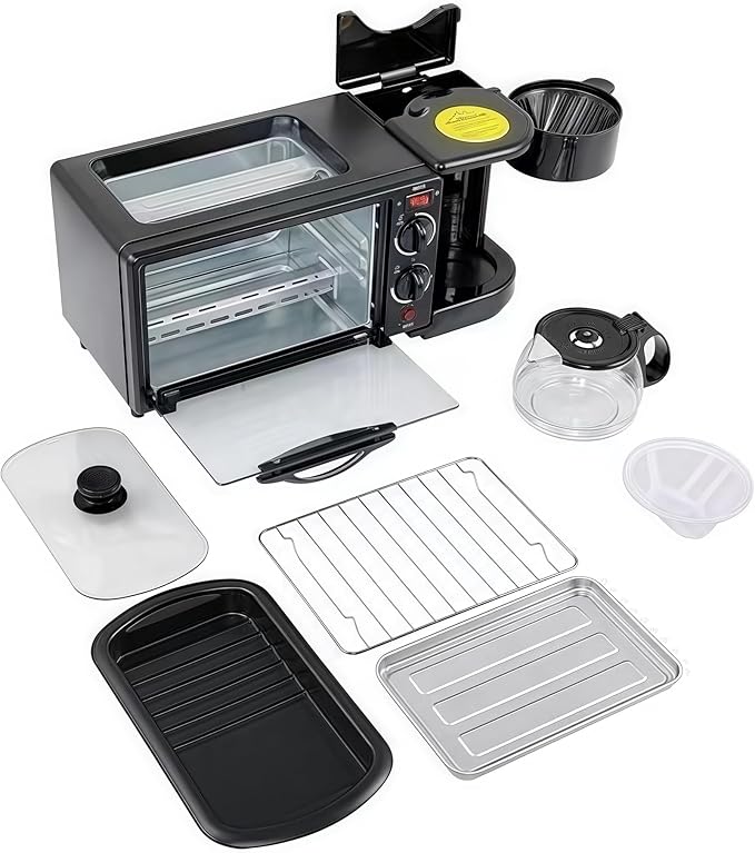 9L, 3-in-1 multifunctional home breakfast machine, mini oven, coffee machine, with timer,visible window (Black)
