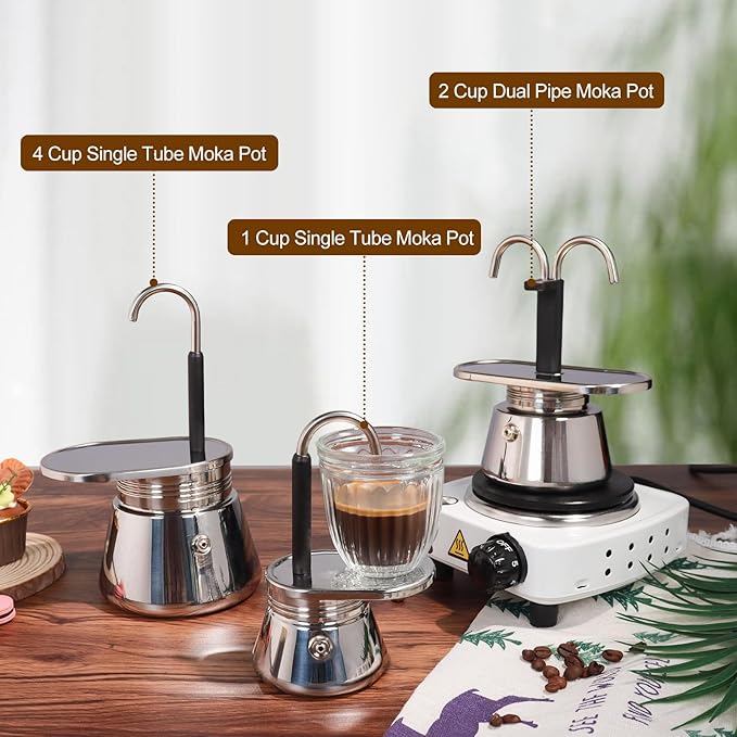 1 Cup Single Tube Moka Pot Stainless Steel Stovetop Espresso Maker Cafeteras Italian Percolator Espress Makers Capable Greca Mocha Coffee Machine for Induction Home 90ml 3oz