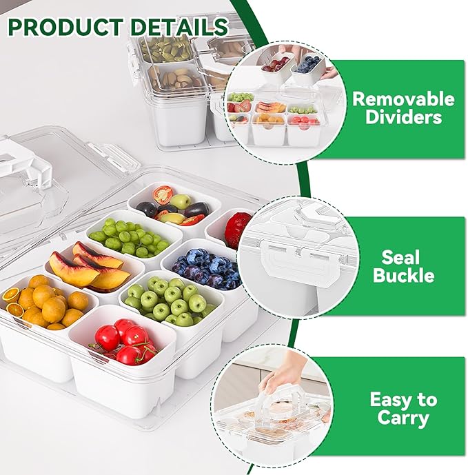 REBECAT Divided Serving Tray with Lid and Handles 8 Compartments Snack Box Container Charcuterie Organizer Snackle Box Container for Candy,Nuts,Fruits,Snacks,2 Pack,White