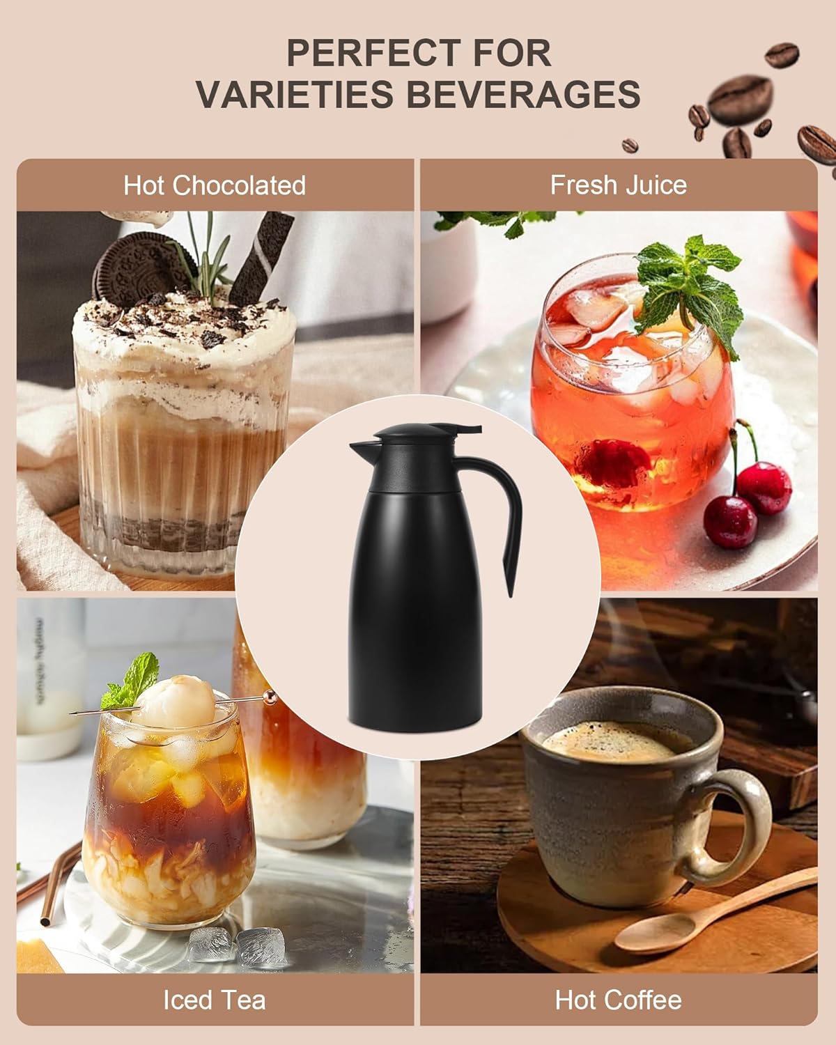 70 oz Thermal Coffee Carafe for keeping hot, Updated Airpot dispener, Insulated Stainless Steel Vacuum Thermal Pot for Coffee, Hot Water,Keep Hot 12 Hours (black/black)