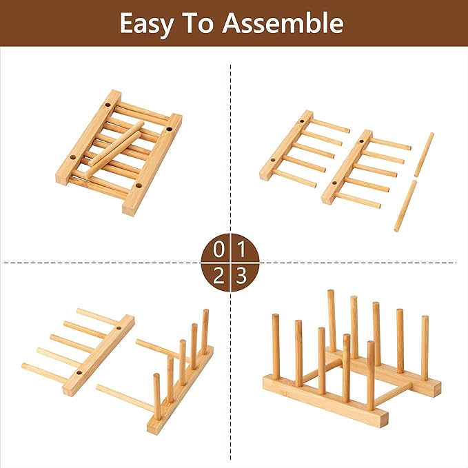 HBlife 2pcs Bamboo Dish Plate Bowl Cup Book Pot Lid Cutting Board Drying Rack Stand Drainer Storage Holder Organizer Kitchen Cabinet(Keep Dry)