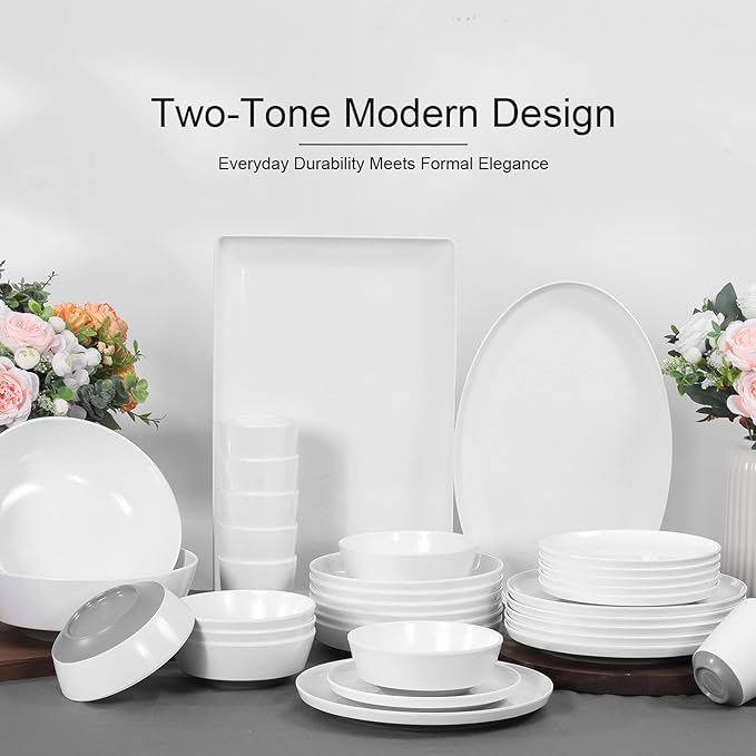 Webbylee 16" Melamine Oval Platter Set of 2 - Lightweight Durable Serving Tray for Party, Catering & Home | Dishwasher Safe, Fits Turkey/Charcuterie-White & Grey