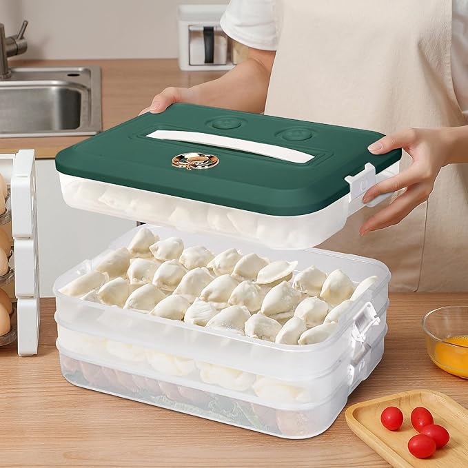 Food Storage Containers with Lids, Plastic Cookie Storage Containers Airtight, 4-Layer Stackable Food Containers Dumpling Storage Box, Green