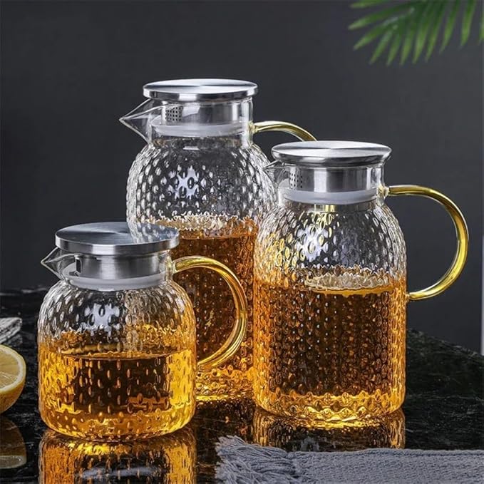 Cold kettle Glass Water Pitcher with Filter Lid and Pouring Spout Heat Resistant Glass Carafe for Hot Cold Beverages Homemade Ice Tea Bottle Water Pitcher Set for Hot/Cold Water(1.5L)