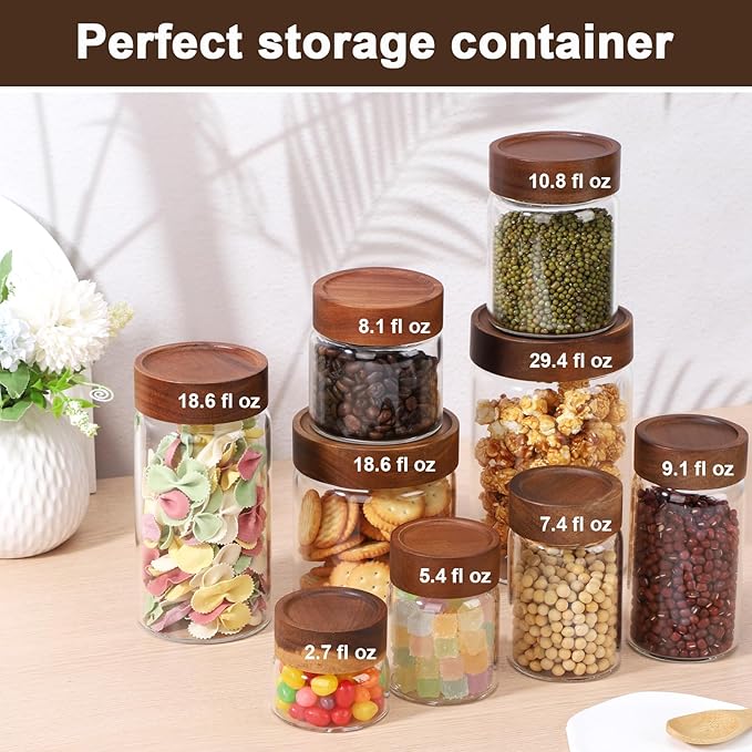 Glass Jar with Airtight Lid, 4 Pack 7oz Glass Canister with Wood Lids, Kitchen Food Storage Containers, Wooden Screw Top Glass Coffee Jars for Sugar, Tea, Oatmeal, Candy, Seasoning, Beans, Salad