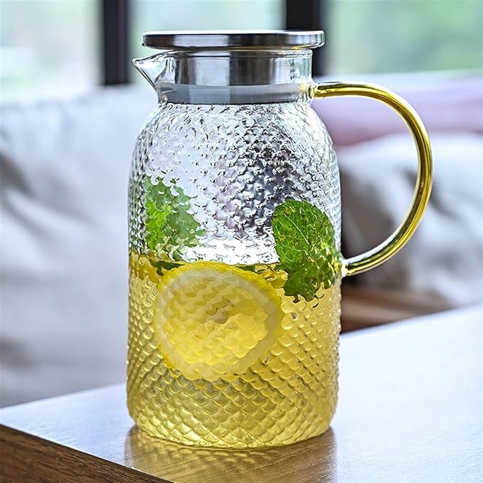 Glass Water Pitcher Set With Stainless Steel Filter, Iced Tea, Juice, Beverage Container, Transparent Hot & Cold Water Jug With Cups