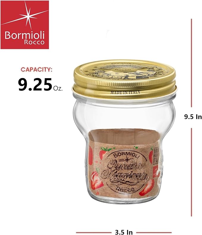 Bormioli Rocco Quattro Stagioni Glass Jars (Set of 12) - 9.25 Oz Stackable Storage Jars with Wide Mouth & Aluminum Lids - Glass Containers for Preserving, Serving, Organizing - Made in Italy