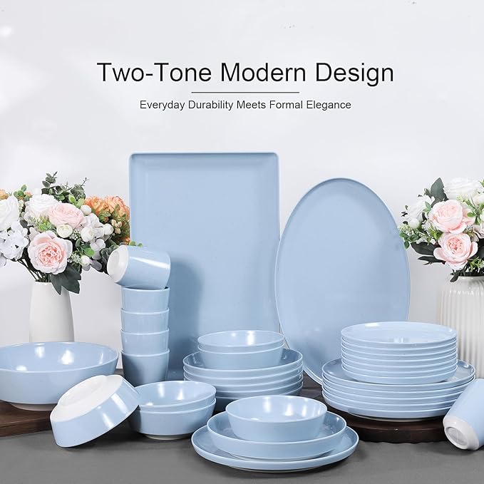 Webbylee 16" Melamine Oval Platter Set of 2- Lightweight Durable Serving Tray for Party, Catering & Home | Dishwasher Safe, Fits Turkey/Charcuterie-Blue & Beige