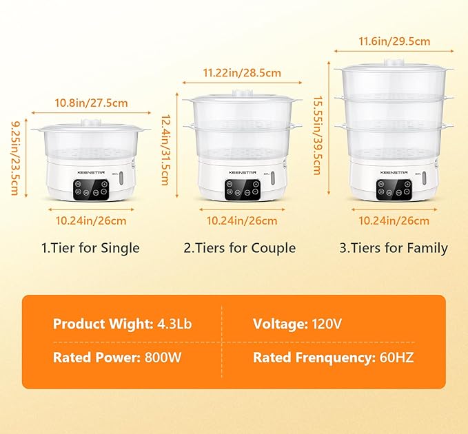 Electric Food Steamer, 13.7QT Vegetable Steamer with 3 Tiers BPA-Free Baskets, Digital Steamer with Appointment and Timer, 800W Simultaneous Cooking, Ideal for Veggies Seafood Rice White