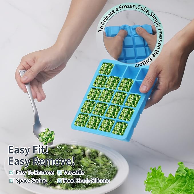 1 Tbsp Silicone Freezer Molds - Perfect for Storing Garlic, Herbs, Ginger, Pesto, Tomato Paste, Lemon Juice,Vegetable Purees,Purees and More - Silicone Food Freezer Tray (Blue 2 Pack)