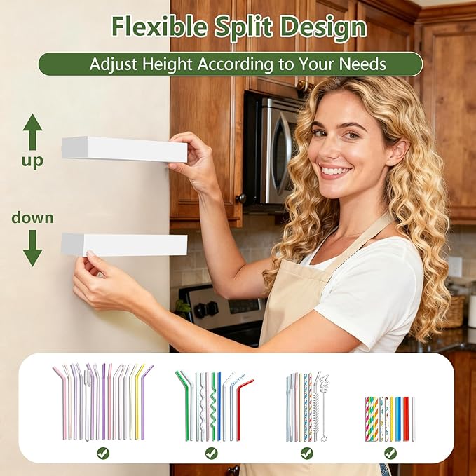 Acrylic Straw Holder for Cabinet Door - Reusable Tumbler Straw Organizer Storage, Small Kitchen Accessories Container, Ultra Sticky Cupboard Door Mounted (White, Large 9.5" (Most Cabinets))