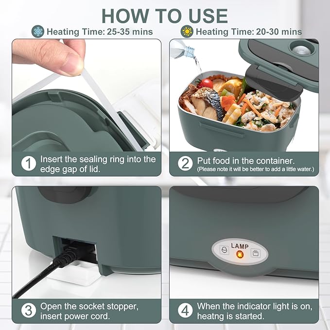 Herrfilk Electric Lunch Box Food Heater, 3 in 1 Ultra Quick Heated Lunch Boxes for Adults, 12V/24V/110V Portable Food Warmer for Car/Truck/Office With Fork Spoon and Insulated Carry Bag