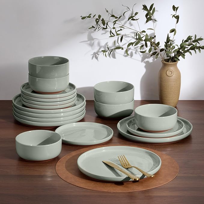E-far 12-Piece Stoneware Dinnerware Sets, Plates and Bowls Sets for 4, Ceramic Dishware Dishes Set with Terracotta Base, Chip & Scratch Resistant, Microwave & Dishwasher Safe, Speckled Green