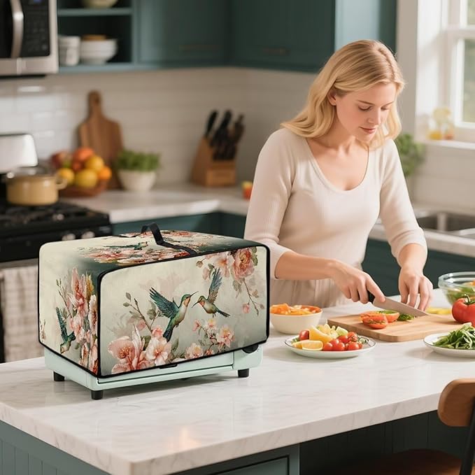 Air Fryer Toaster Oven Dust Cover Washable Fabric Countertop Microwave Smart Oven Cover for Kitchen Countertop Decor, L, 18.5 x 22.5 x 13 inches, Hummingbird Floral Pattern
