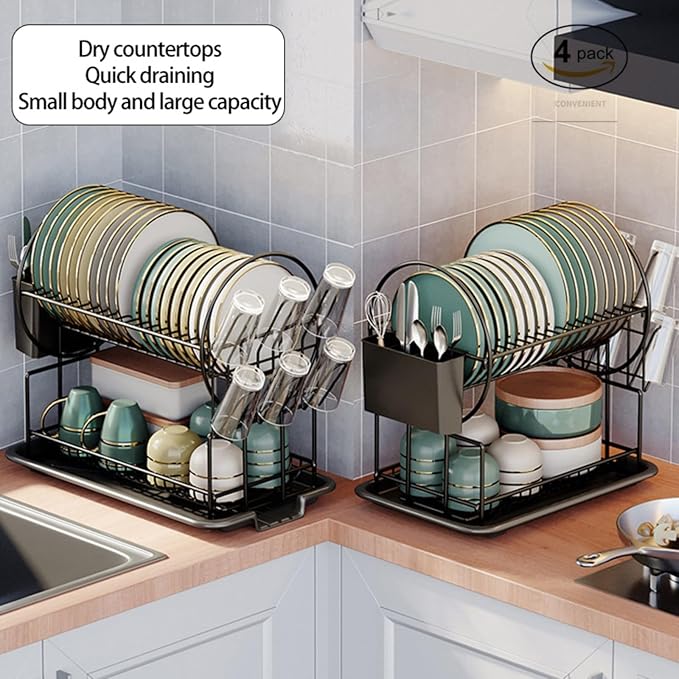 Black Multifunctional Kitchen Bowls and Chopsticks Drain Rack Iron Wire Large Capacity Kitchen Utensils Sink Storage Rack Space-Saving