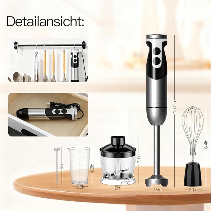MegaWise Blender Handheld 12-Speed Stainless Steel Electric Hand Blender, 5 in 1 Immersion Handheld Blender,Titanium Blades Hand Blender, Milk Frother Wand,with 600ml Whisk Beaker and Chopper (black)