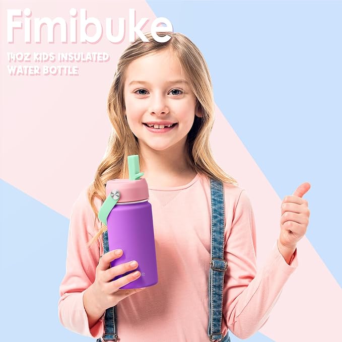Fimibuke Kids Insulated Water Bottle - 14oz BPA-FREE 18/8 Stainless Steel Travel Tumbler Leak Proof Double Wall Vacuum Kid Cup with Straw Metal Water Bottle for School Boys Girls(1 Pack, Cotton Candy)