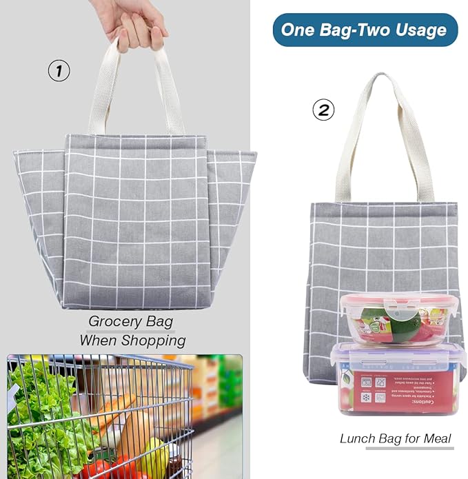 iknoe Insulated Lunch Bag for Women & Adults, 9L Foldable Wide-Open Cooler Bag with Pockets, Leakproof & Portable, for Picnic, Office, Beach(Gray grid)