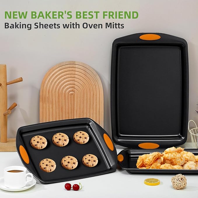 5-Piece Nonstick Baking Pans Set - Premium Carbon Steel Bakeware with PFOA/PFOS/PTFE-Free Coating, Red Silicone Handles (Black Orange)