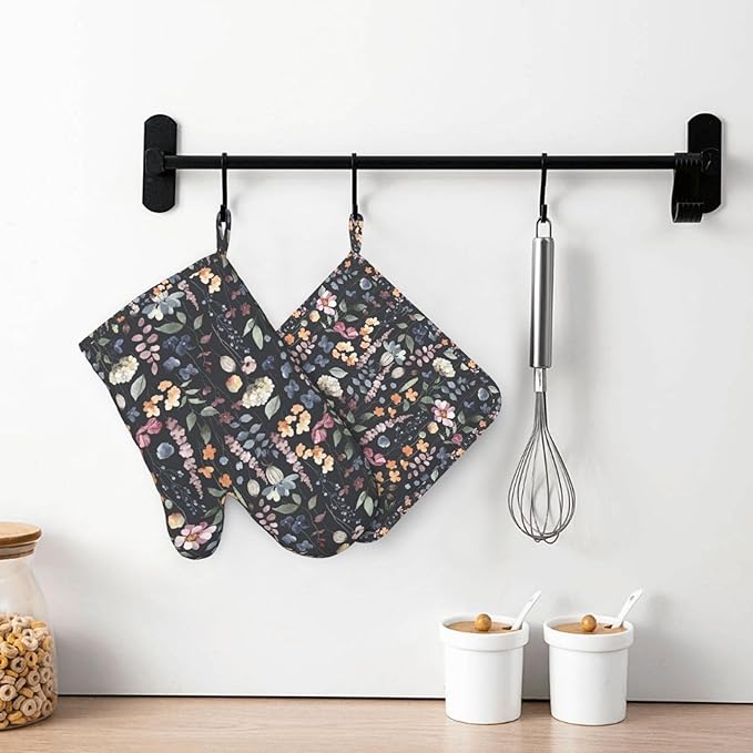Watercolor Wild Flowers Oven Mitts and Pot Holders Sets Silicone Wildflower Kitchen Oven Mitts Hot Pads Heat Resistant Vintage Floral Potholders Kitchen Mitts Set for Baking BBQ Cooking